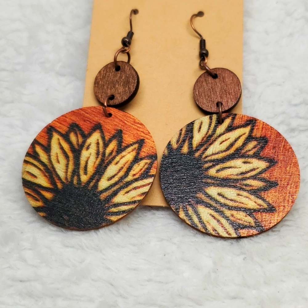 7/$10 Sunflower Wooden Earrings, New
